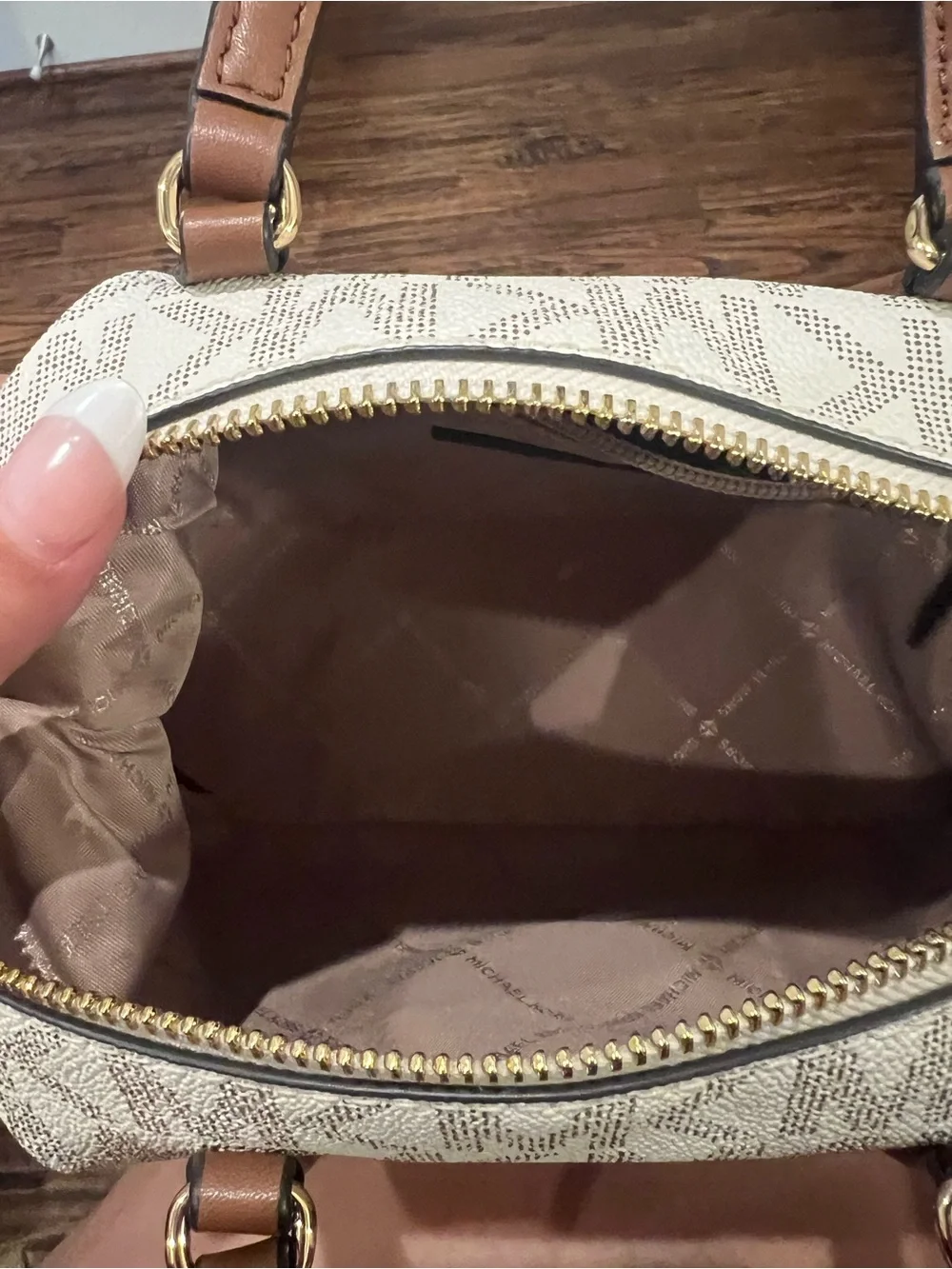 Michael Kors Cream and Brown Logo Dome Satchel
